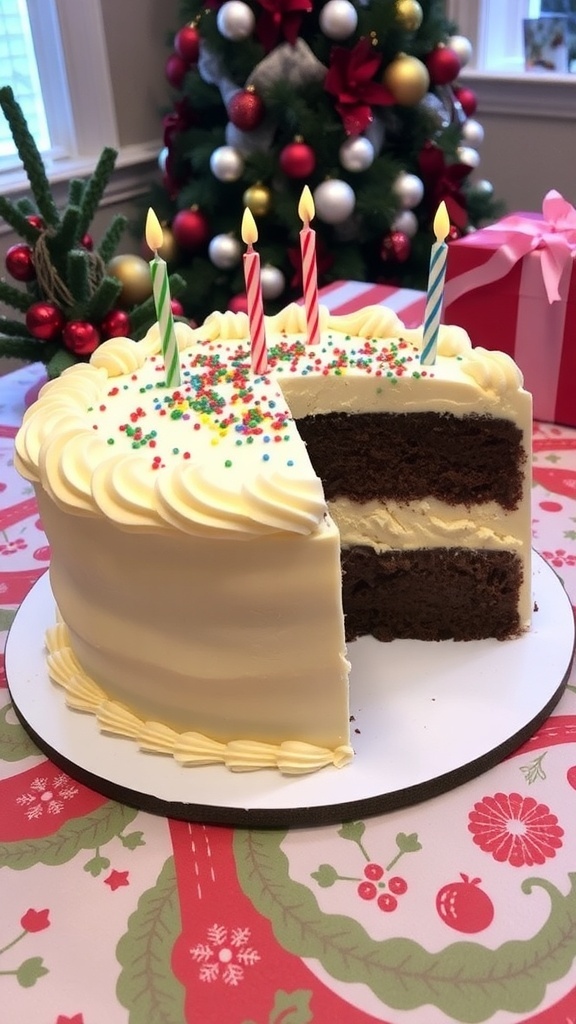 A festive half-birthday cake with vanilla and chocolate layers, decorated with holiday sprinkles on a Christmas-themed table.